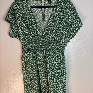 SHEIN Green Floral Wrap-Style Dress with White Print